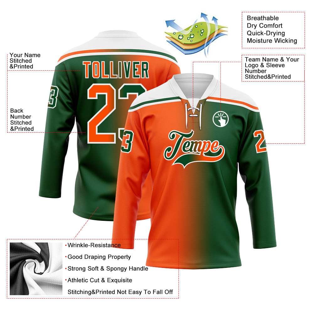 Custom Green Orange-White Gradient Fashion Hockey Lace Neck Jersey view 5