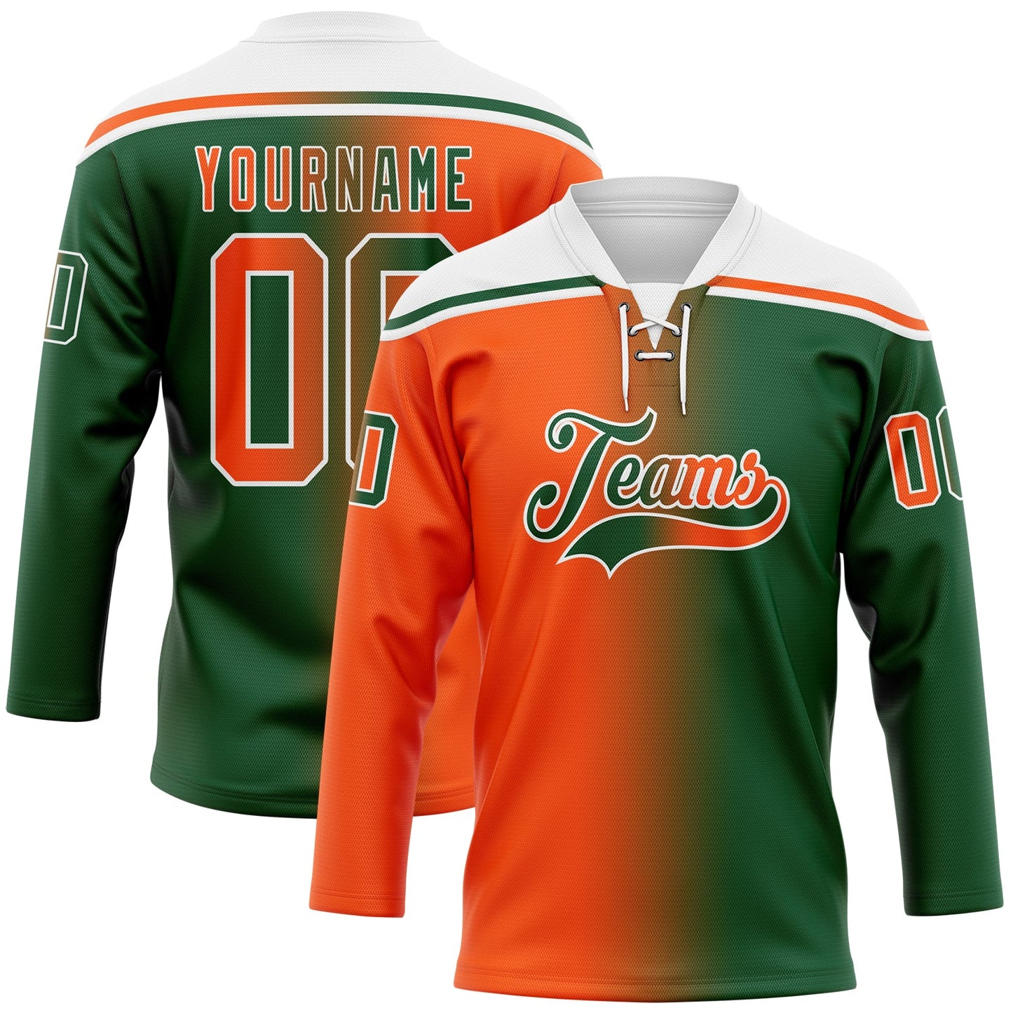 Custom Green Orange-White Gradient Fashion Hockey Lace Neck Jersey - Main View
