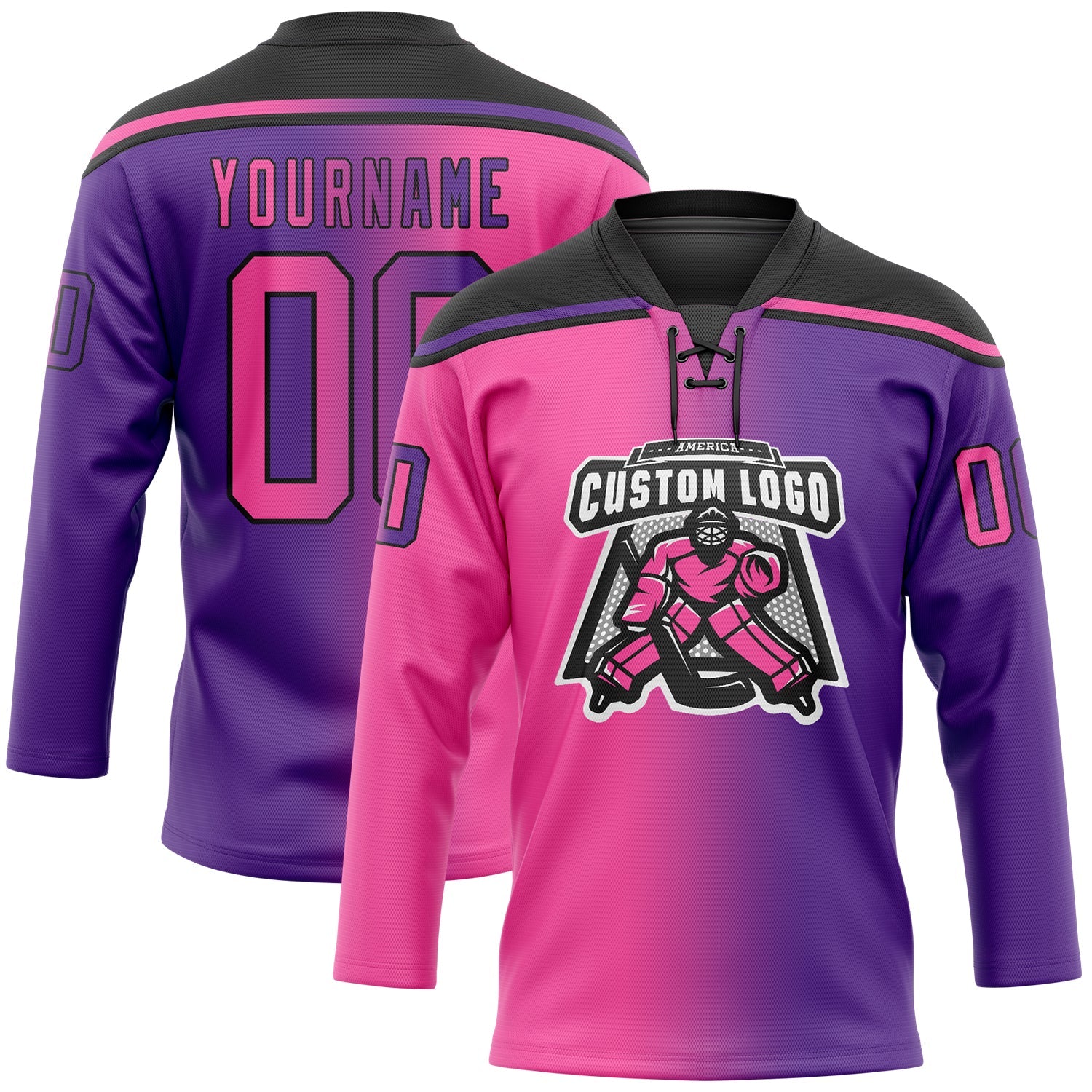 Custom Purple Pink-Black Gradient Fashion Hockey Lace Neck Jersey view 2