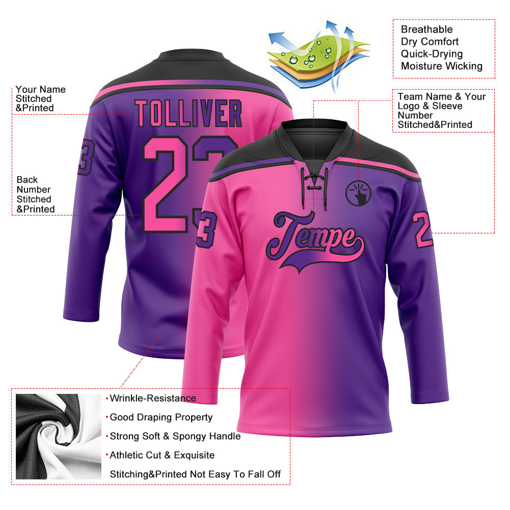 Custom Purple Pink-Black Gradient Fashion Hockey Lace Neck Jersey view 5
