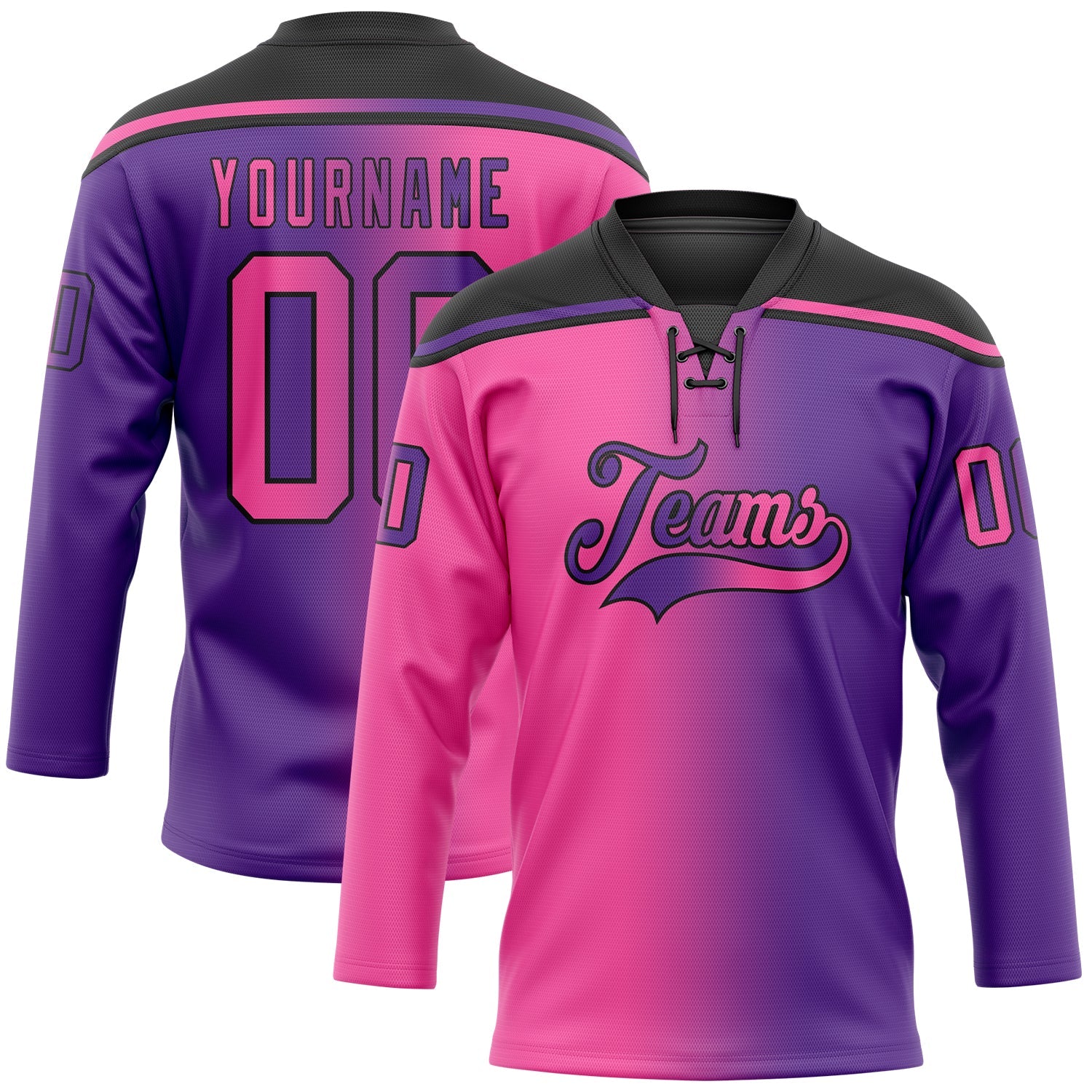 Custom Purple Pink-Black Gradient Fashion Hockey Lace Neck Jersey - Main View