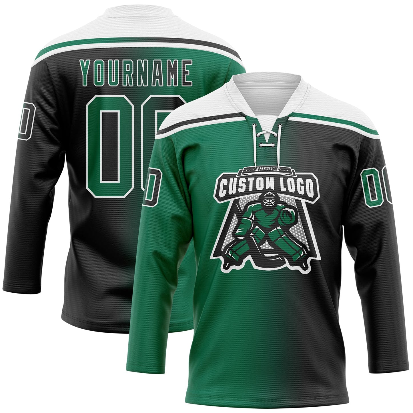 Custom Black Kelly Green-White Gradient Fashion Hockey Lace Neck Jersey view 2
