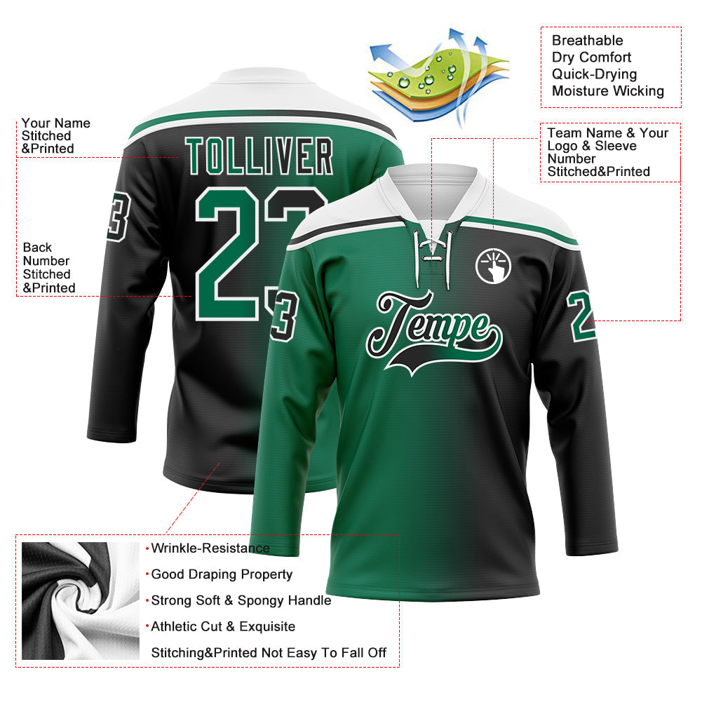 Custom Black Kelly Green-White Gradient Fashion Hockey Lace Neck Jersey view 5