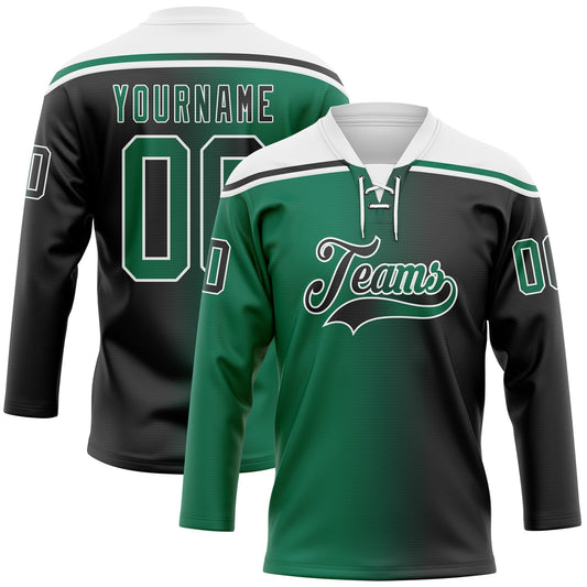 Custom Black Kelly Green-White Gradient Fashion Hockey Lace Neck Jersey - Main View