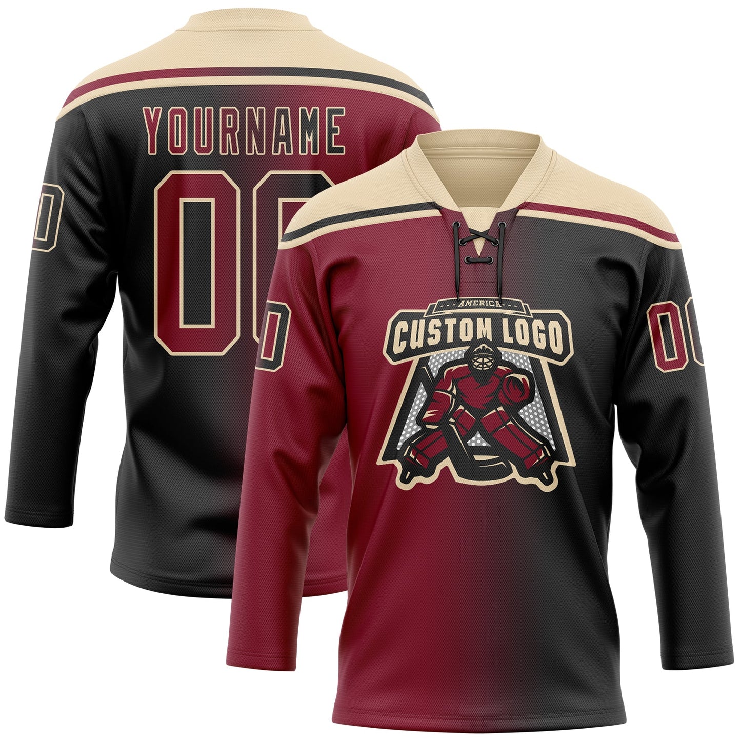 Custom Black Crimson-City Cream Gradient Fashion Hockey Lace Neck Jersey view 2