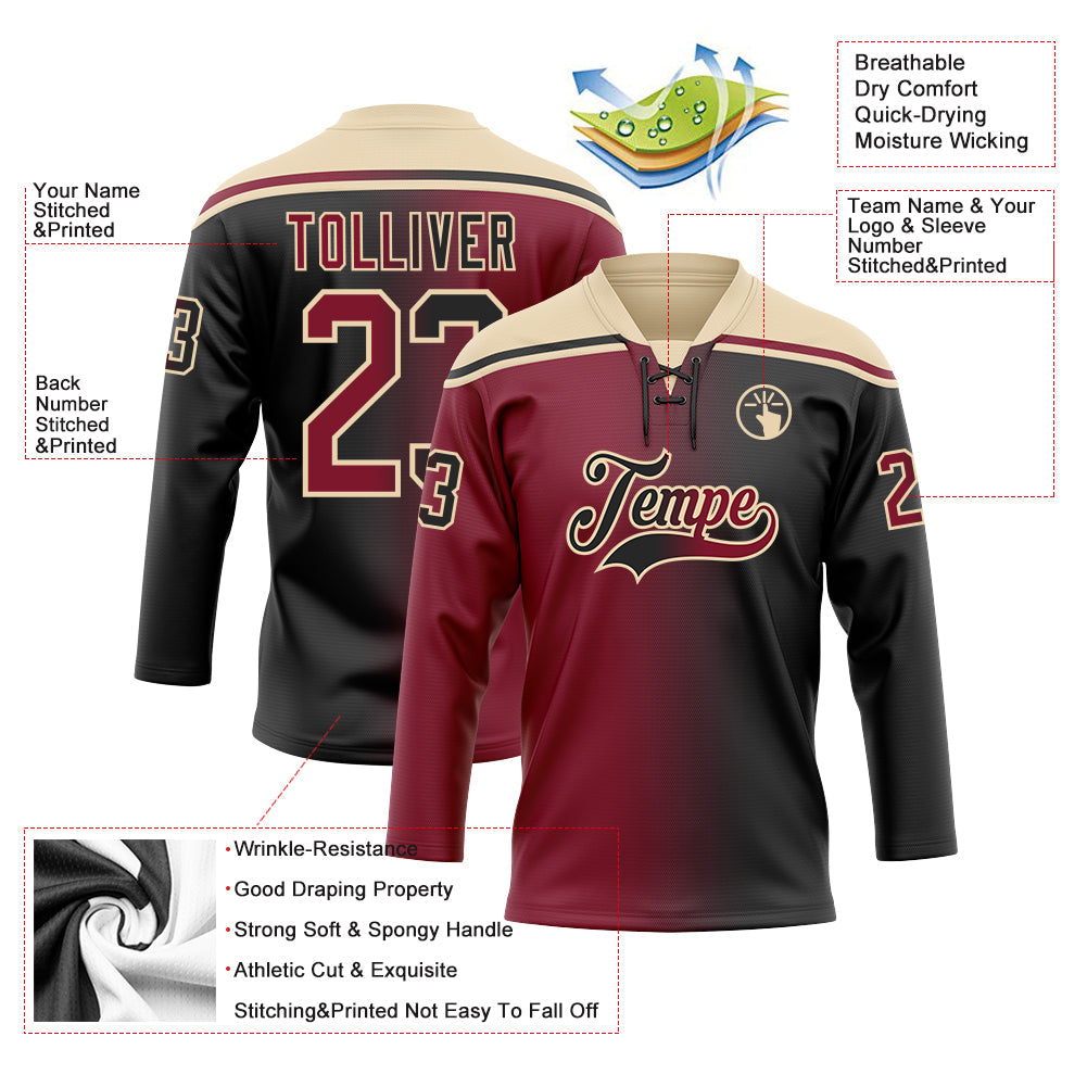 Custom Black Crimson-City Cream Gradient Fashion Hockey Lace Neck Jersey view 5