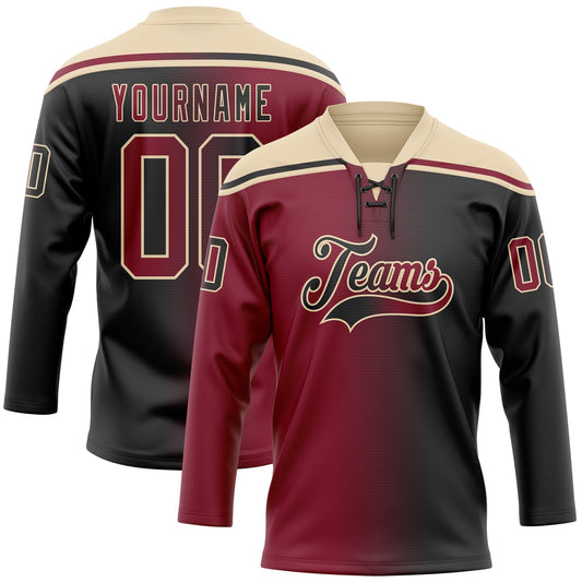 Custom Black Crimson-City Cream Gradient Fashion Hockey Lace Neck Jersey - Main View