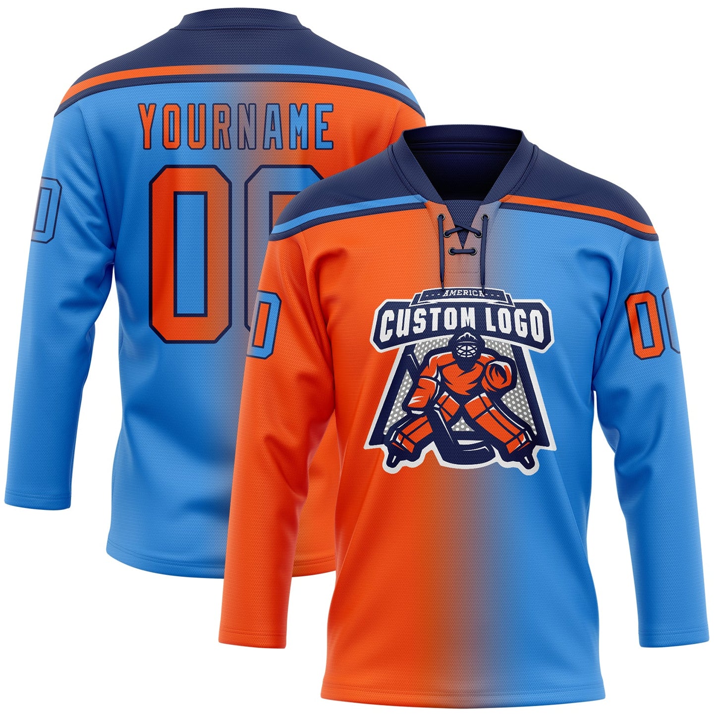 Custom Powder Blue Orange-Navy Gradient Fashion Hockey Lace Neck Jersey view 2