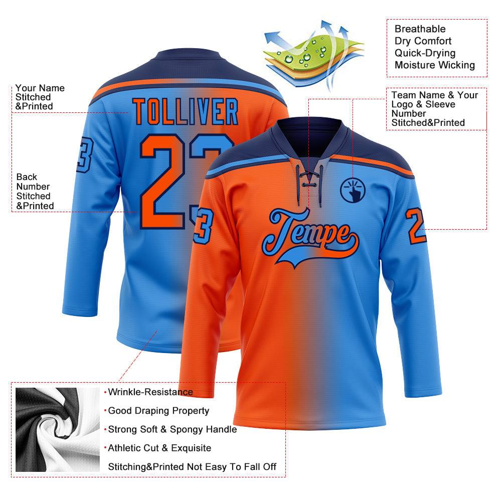 Custom Powder Blue Orange-Navy Gradient Fashion Hockey Lace Neck Jersey view 5