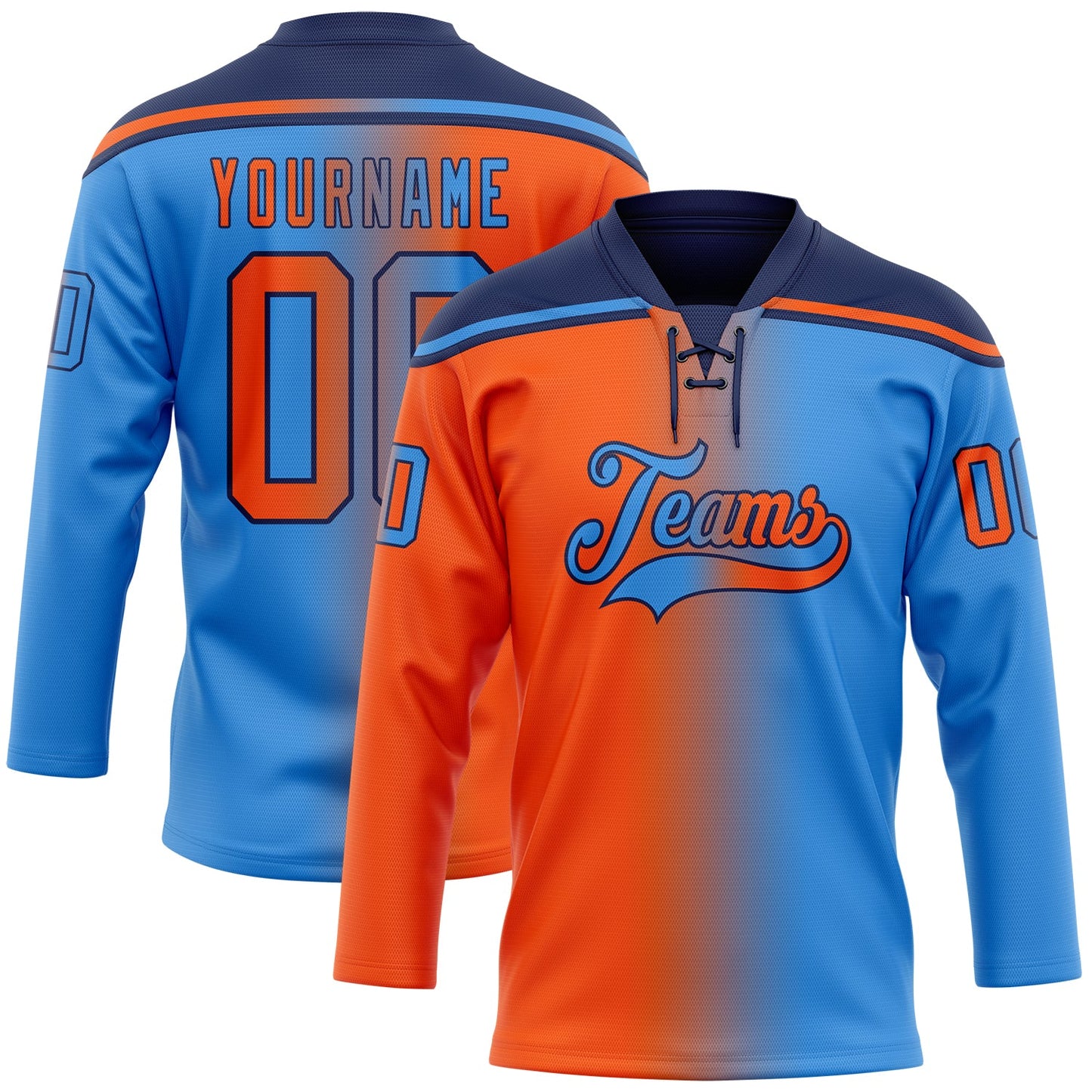 Custom Powder Blue Orange-Navy Gradient Fashion Hockey Lace Neck Jersey - Main View
