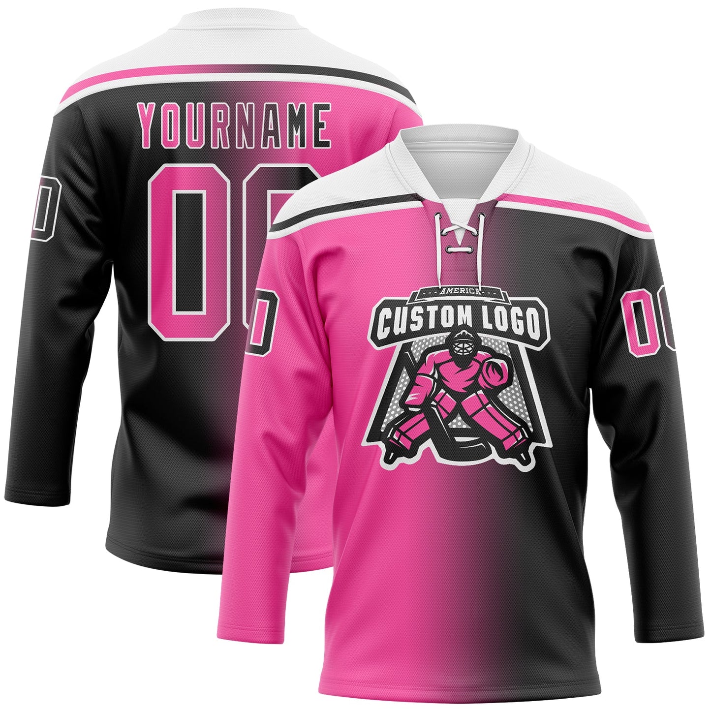 Custom Black Pink-White Gradient Fashion Hockey Lace Neck Jersey view 2
