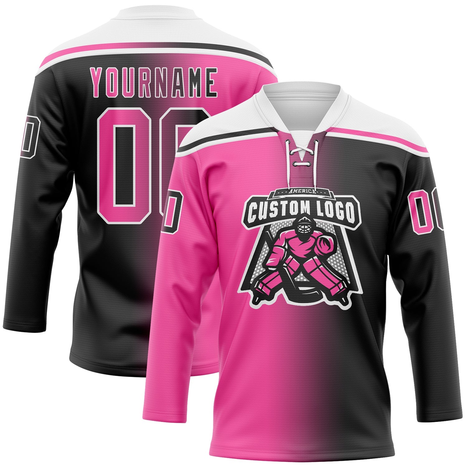 Custom Black Pink-White Gradient Fashion Hockey Lace Neck Jersey view 2
