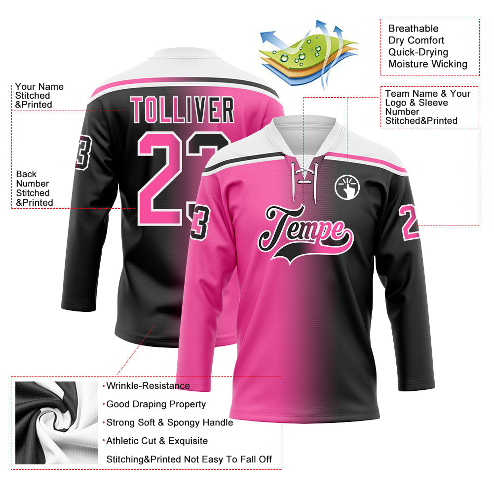 Custom Black Pink-White Gradient Fashion Hockey Lace Neck Jersey view 5