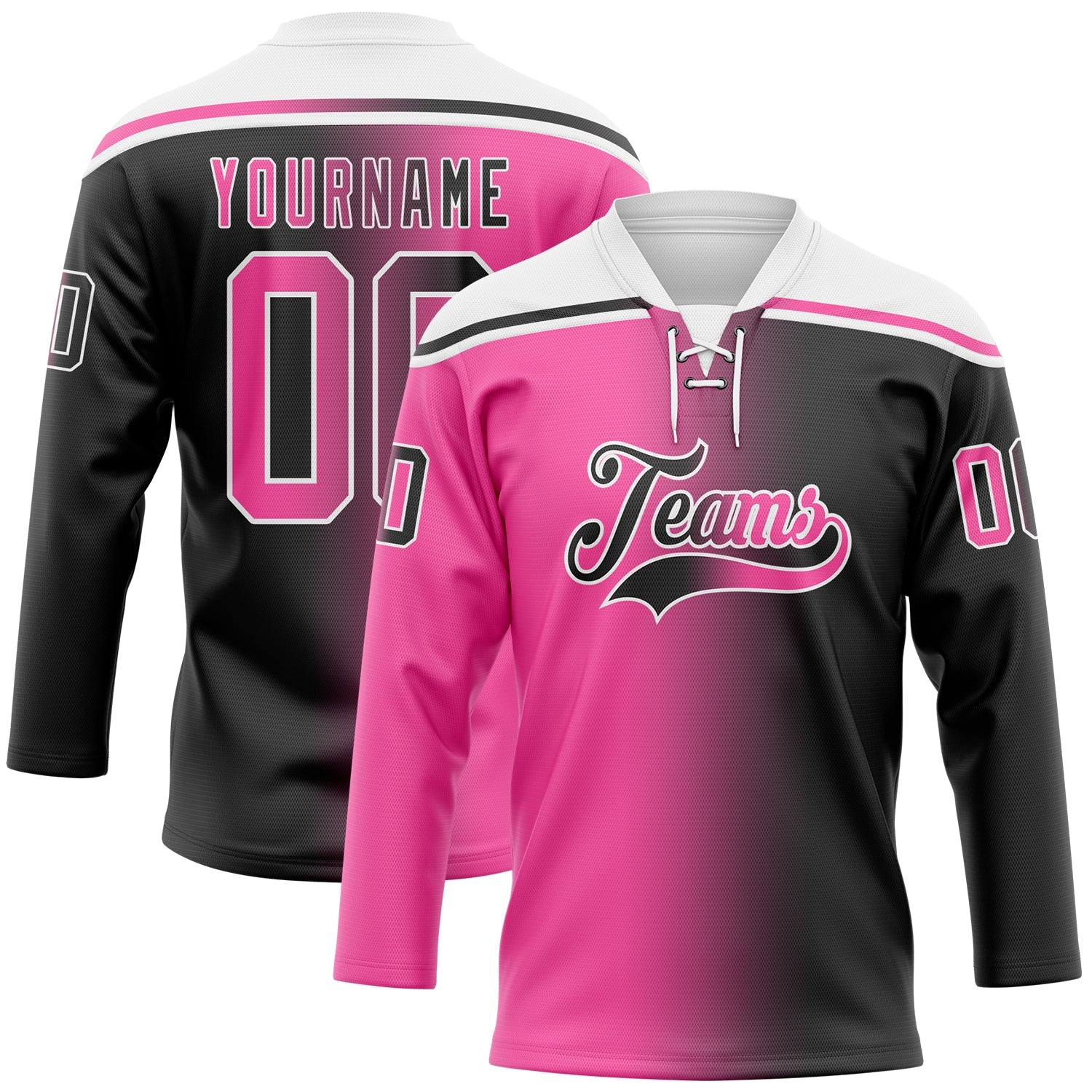 Custom Black Pink-White Gradient Fashion Hockey Lace Neck Jersey - Main View
