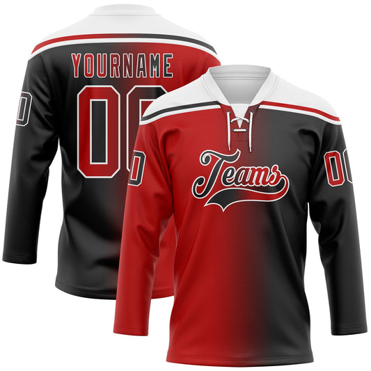 Custom Black Red-White Gradient Fashion Hockey Lace Neck Jersey - Main View