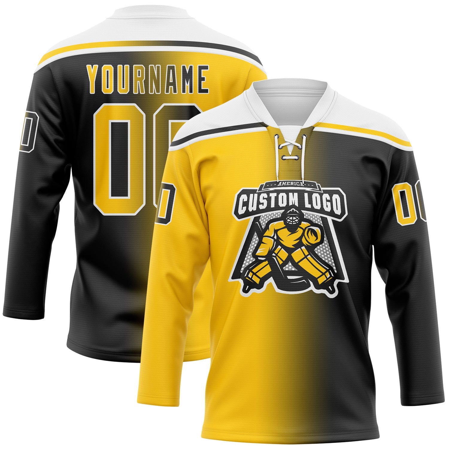 Custom Black Yellow-White Gradient Fashion Hockey Lace Neck Jersey view 2