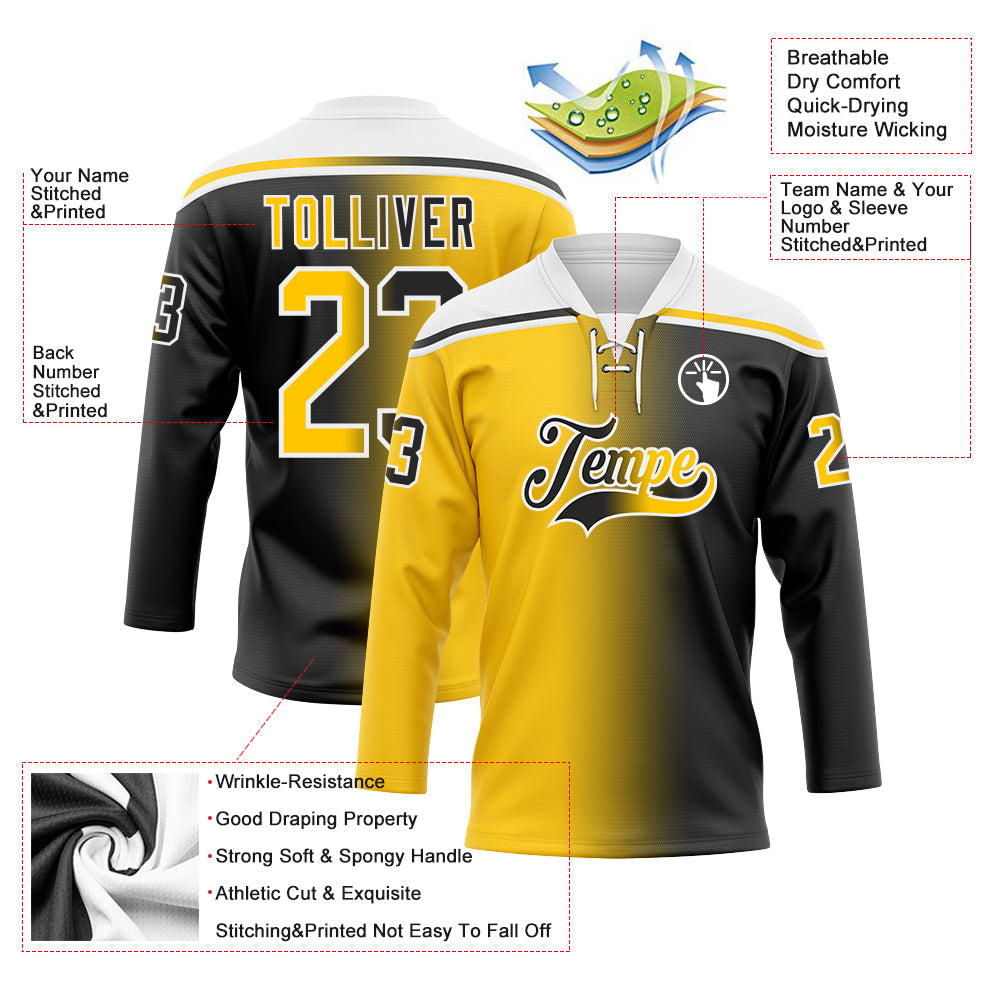 Custom Black Yellow-White Gradient Fashion Hockey Lace Neck Jersey view 5