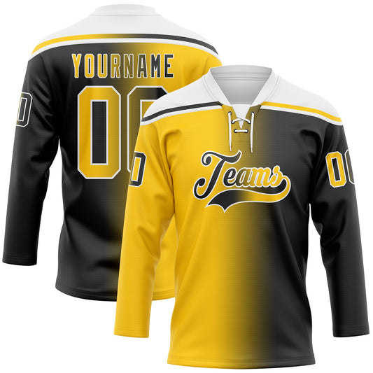 Custom Black Yellow-White Gradient Fashion Hockey Lace Neck Jersey - Main View