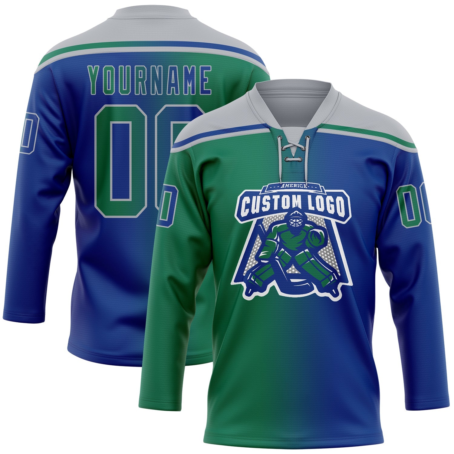 Custom Royal Kelly Green-Gray Gradient Fashion Hockey Lace Neck Jersey view 2