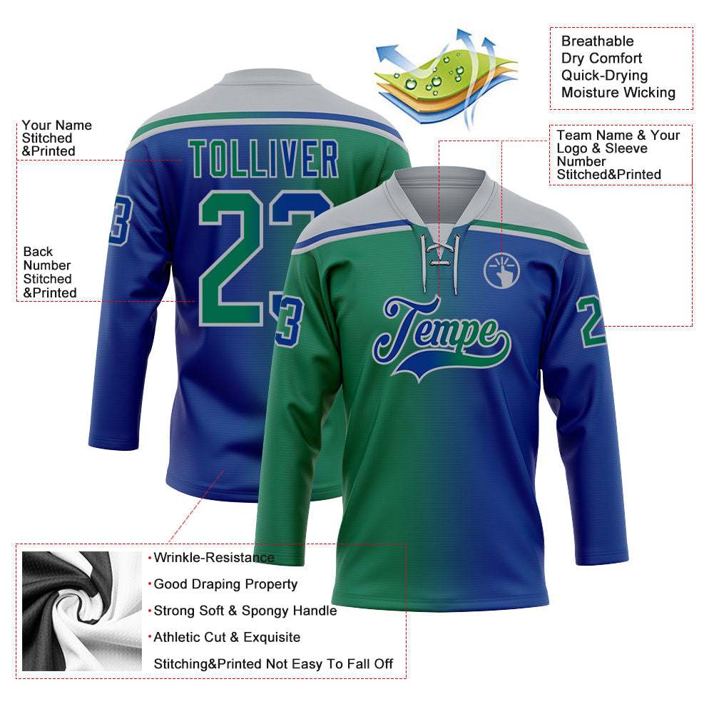 Custom Royal Kelly Green-Gray Gradient Fashion Hockey Lace Neck Jersey view 5