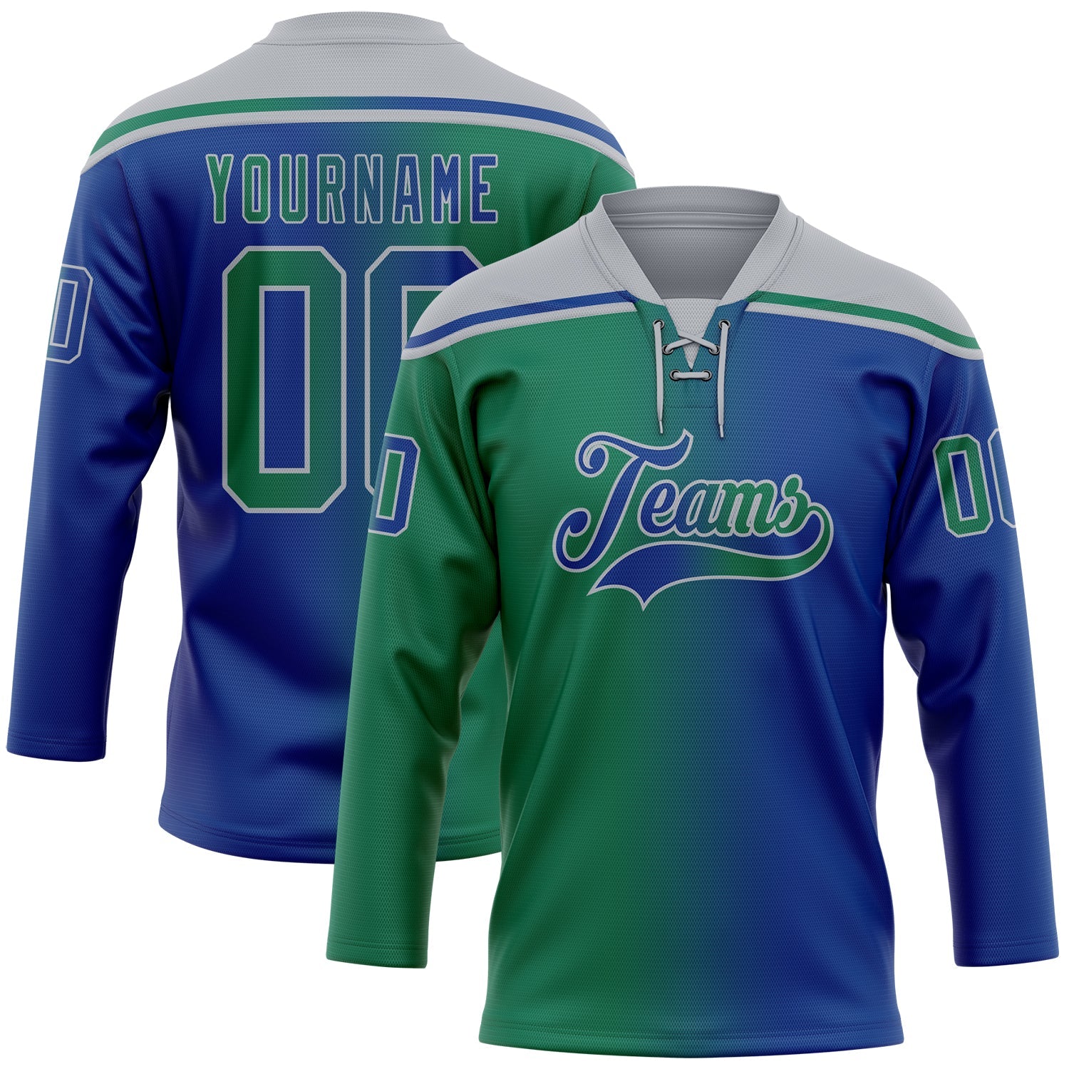 Custom Royal Kelly Green-Gray Gradient Fashion Hockey Lace Neck Jersey - Main View