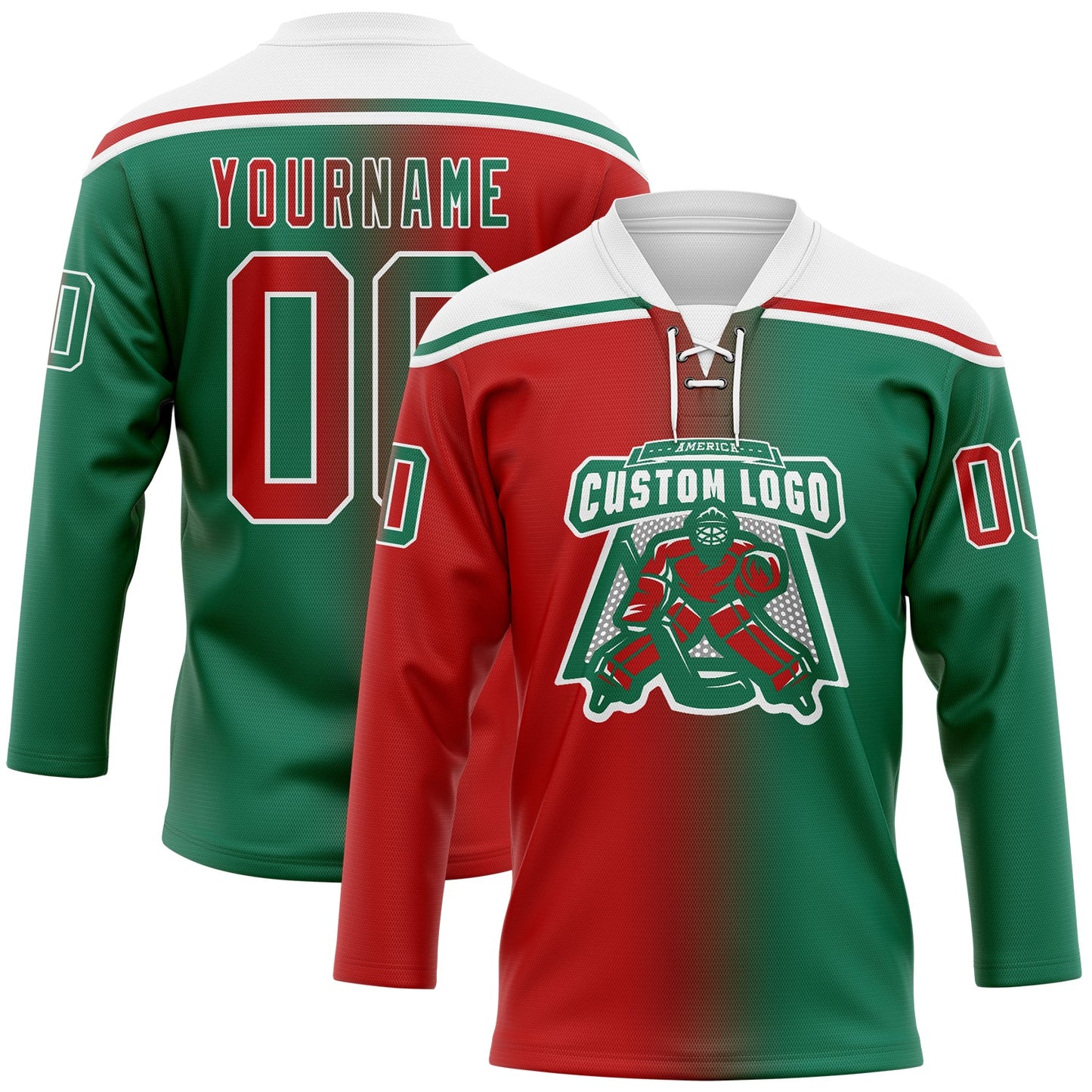 Custom Kelly Green Red-White Gradient Fashion Hockey Lace Neck Jersey view 2