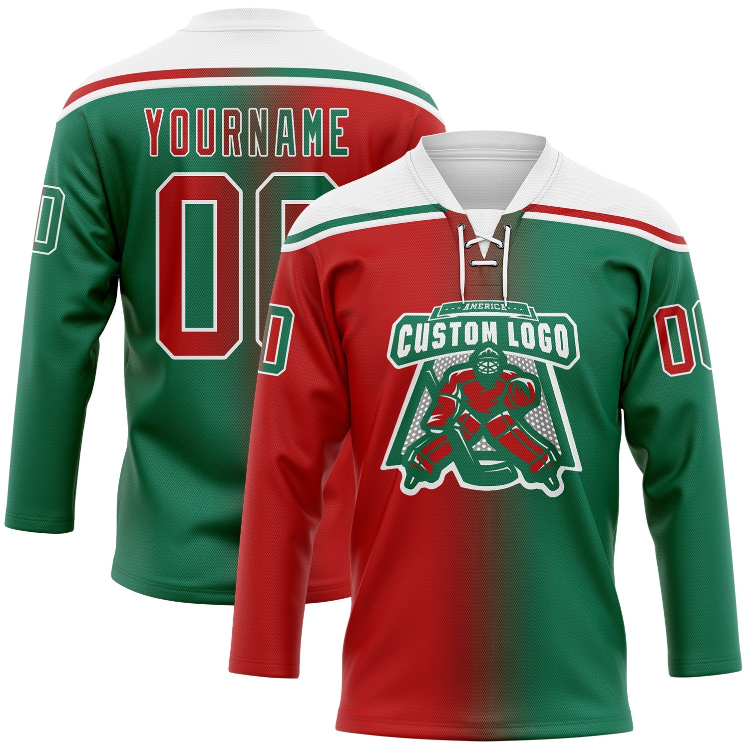 Custom Kelly Green Red-White Gradient Fashion Hockey Lace Neck Jersey view 2
