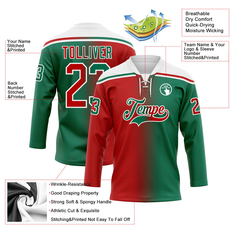 Custom Kelly Green Red-White Gradient Fashion Hockey Lace Neck Jersey view 5