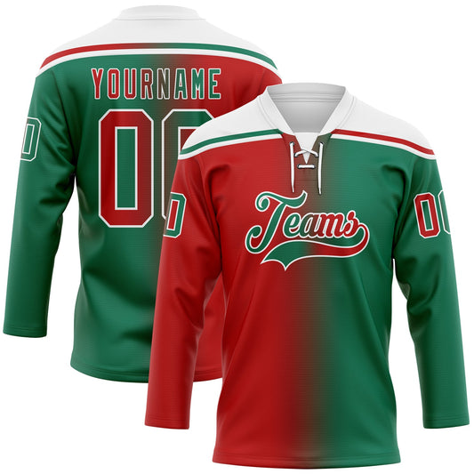 Custom Kelly Green Red-White Gradient Fashion Hockey Lace Neck Jersey - Main View