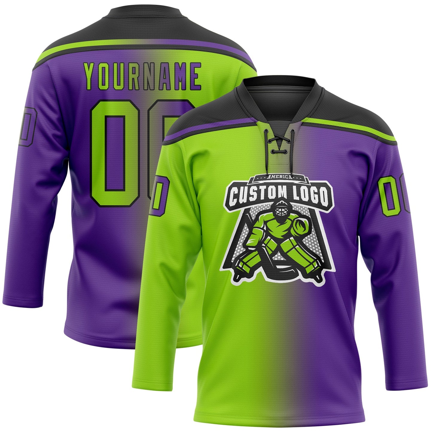 Custom Purple Neon Green-Black Gradient Fashion Hockey Lace Neck Jersey view 2