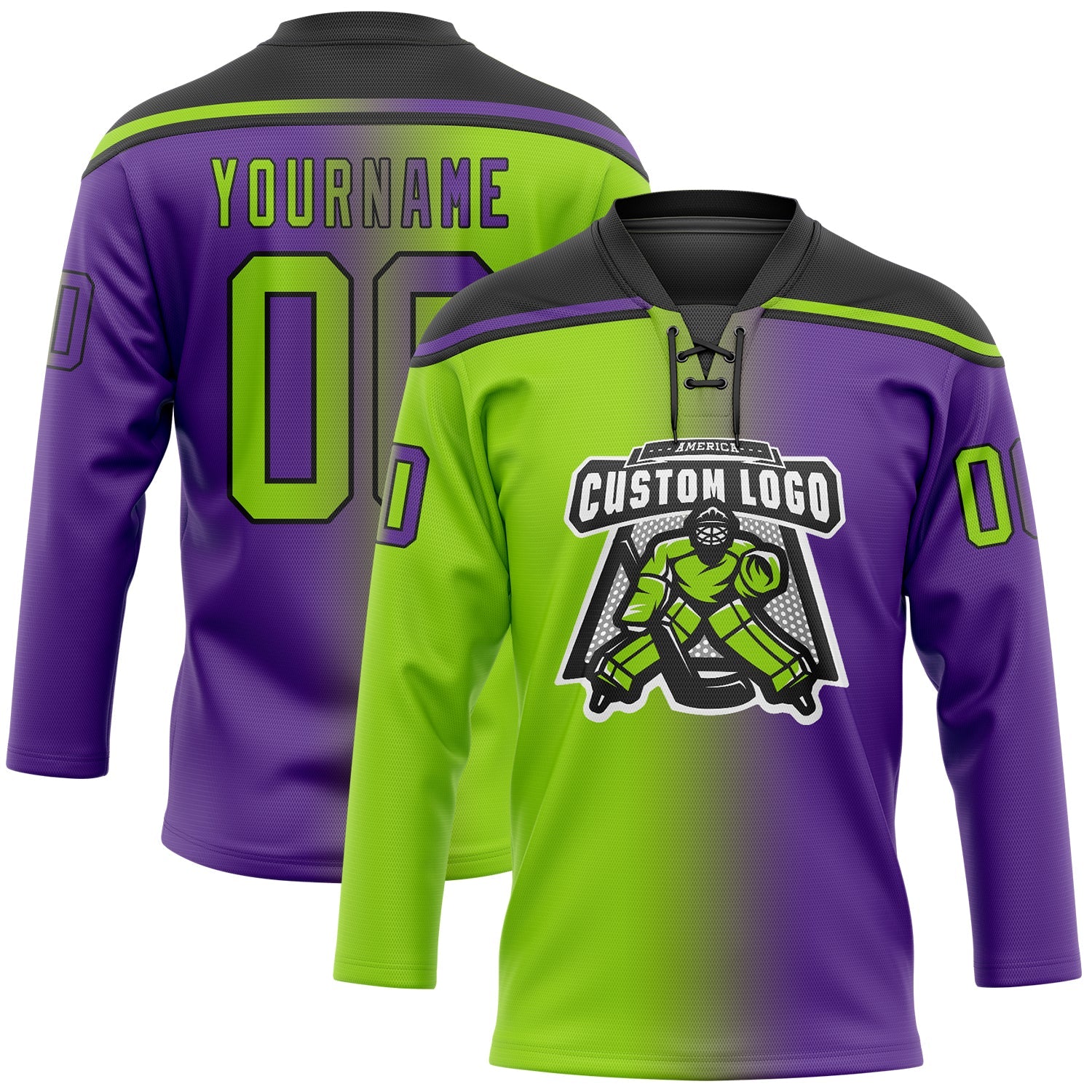 Custom Purple Neon Green-Black Gradient Fashion Hockey Lace Neck Jersey view 2