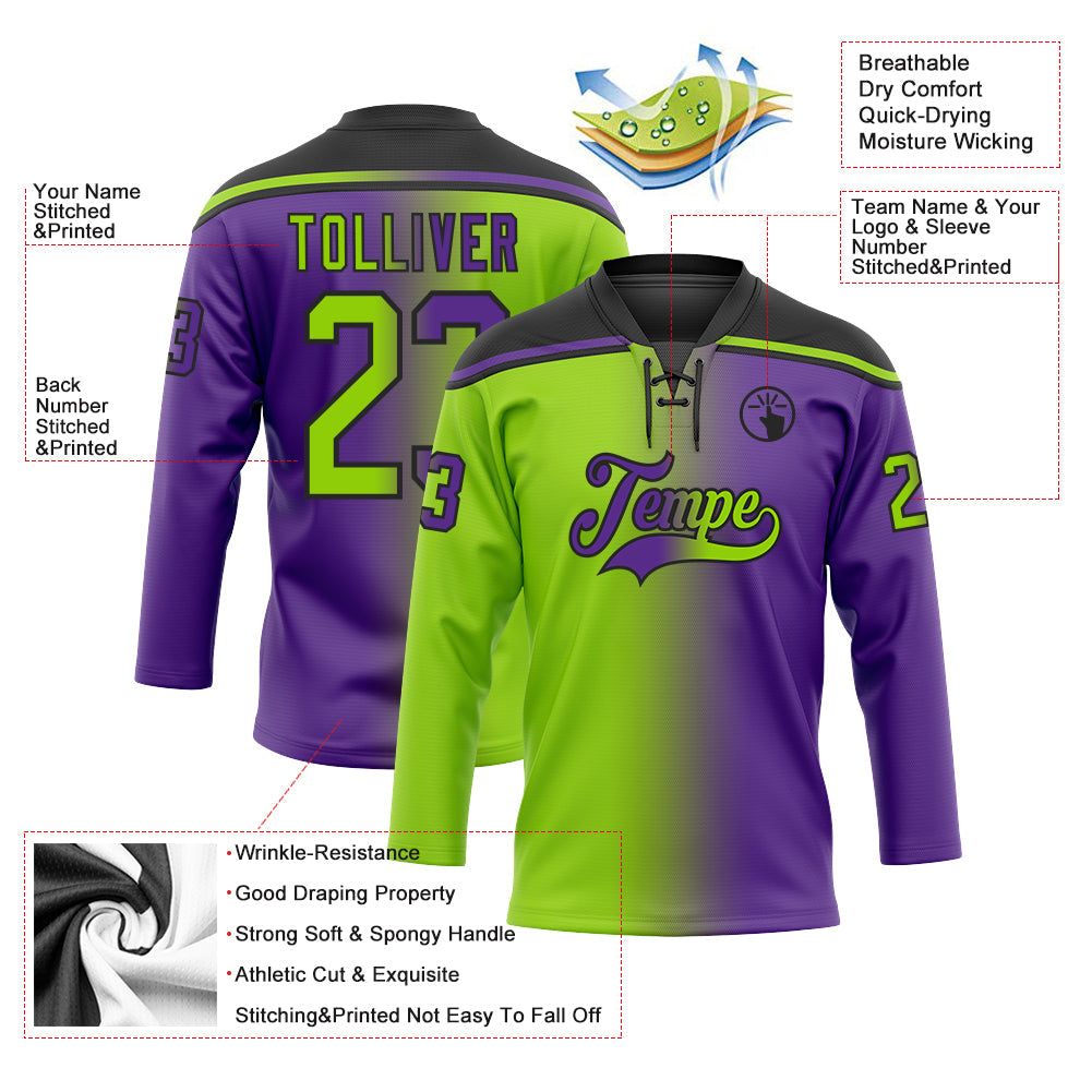 Custom Purple Neon Green-Black Gradient Fashion Hockey Lace Neck Jersey view 5