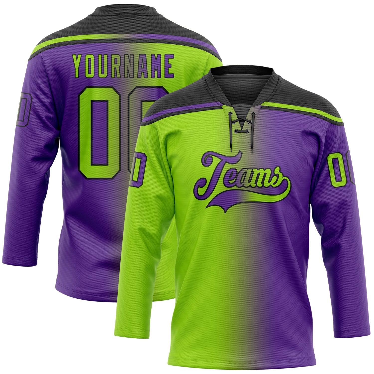 Custom Purple Neon Green-Black Gradient Fashion Hockey Lace Neck Jersey - Main View