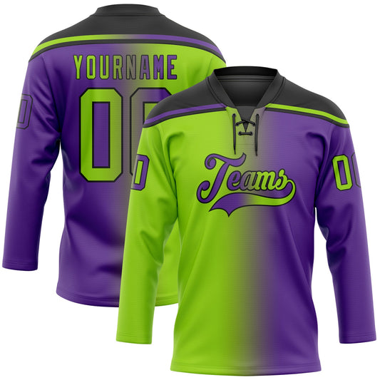Custom Purple Neon Green-Black Gradient Fashion Hockey Lace Neck Jersey - Main View