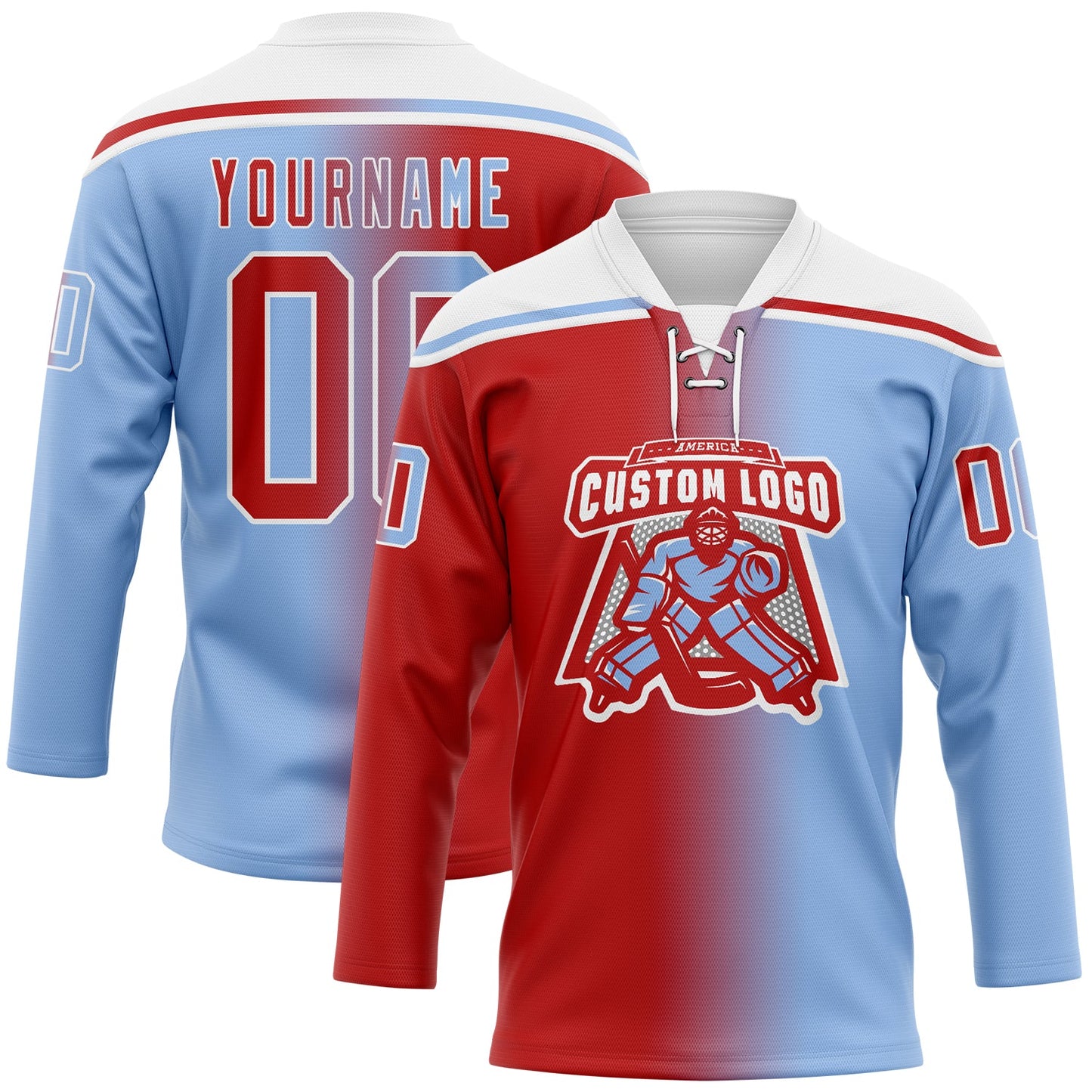 Custom Light Blue Red-White Gradient Fashion Hockey Lace Neck Jersey view 2