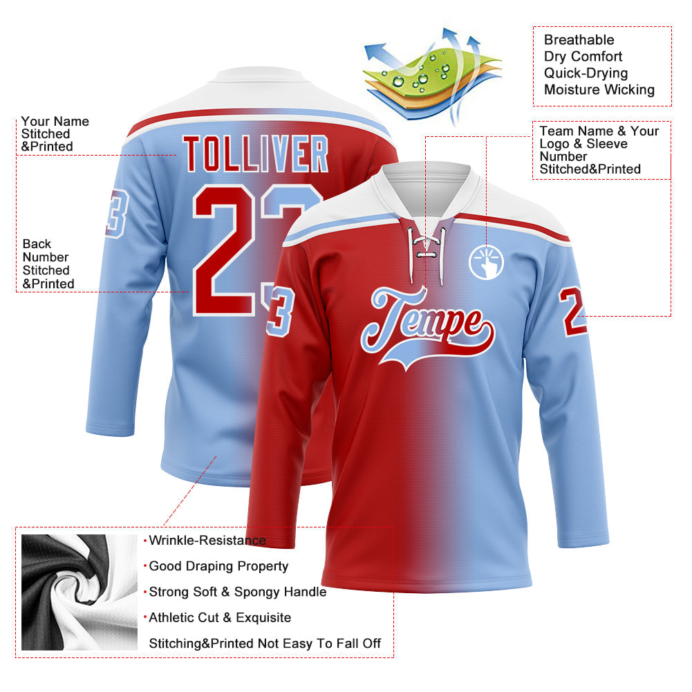 Custom Light Blue Red-White Gradient Fashion Hockey Lace Neck Jersey view 5