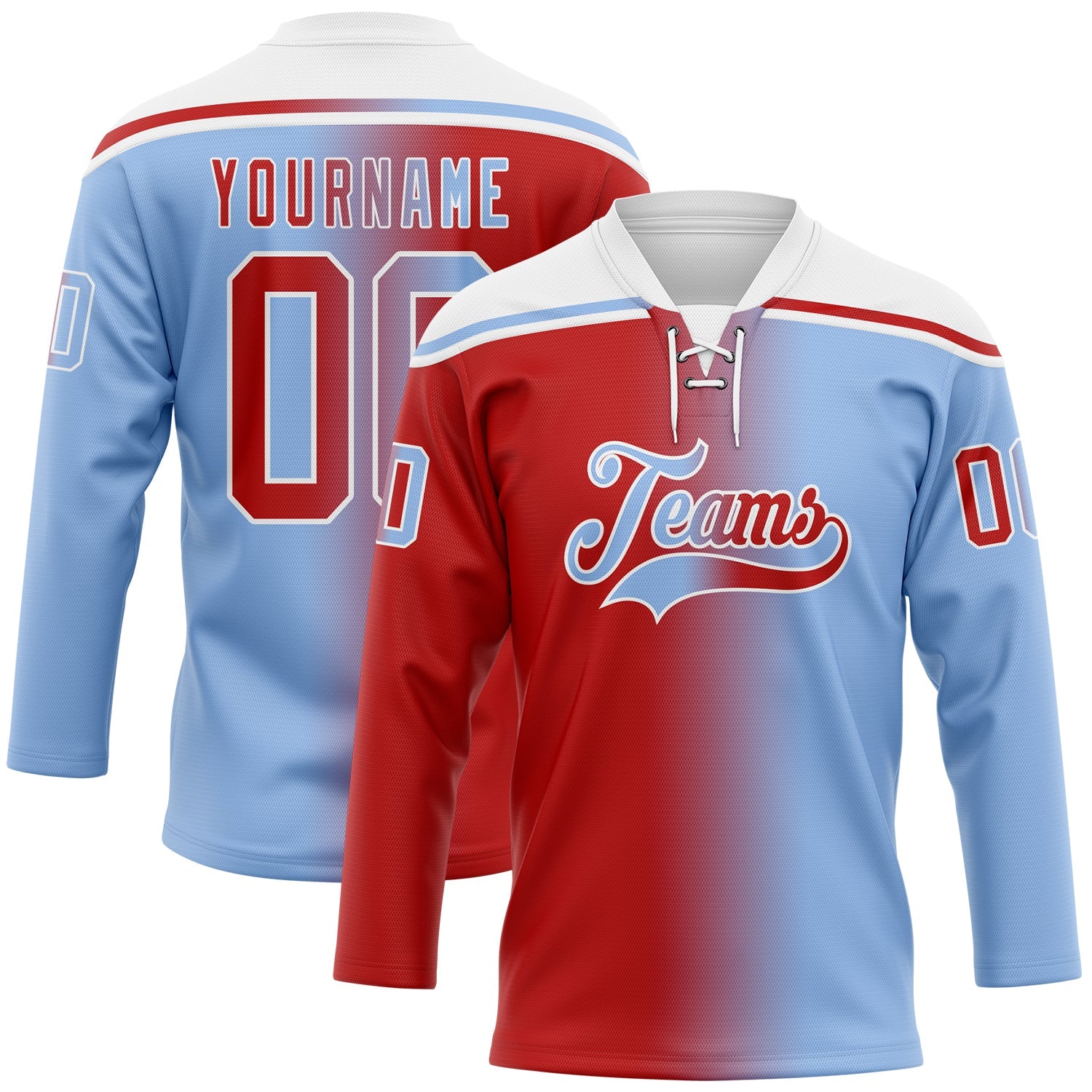 Custom Light Blue Red-White Gradient Fashion Hockey Lace Neck Jersey - Main View