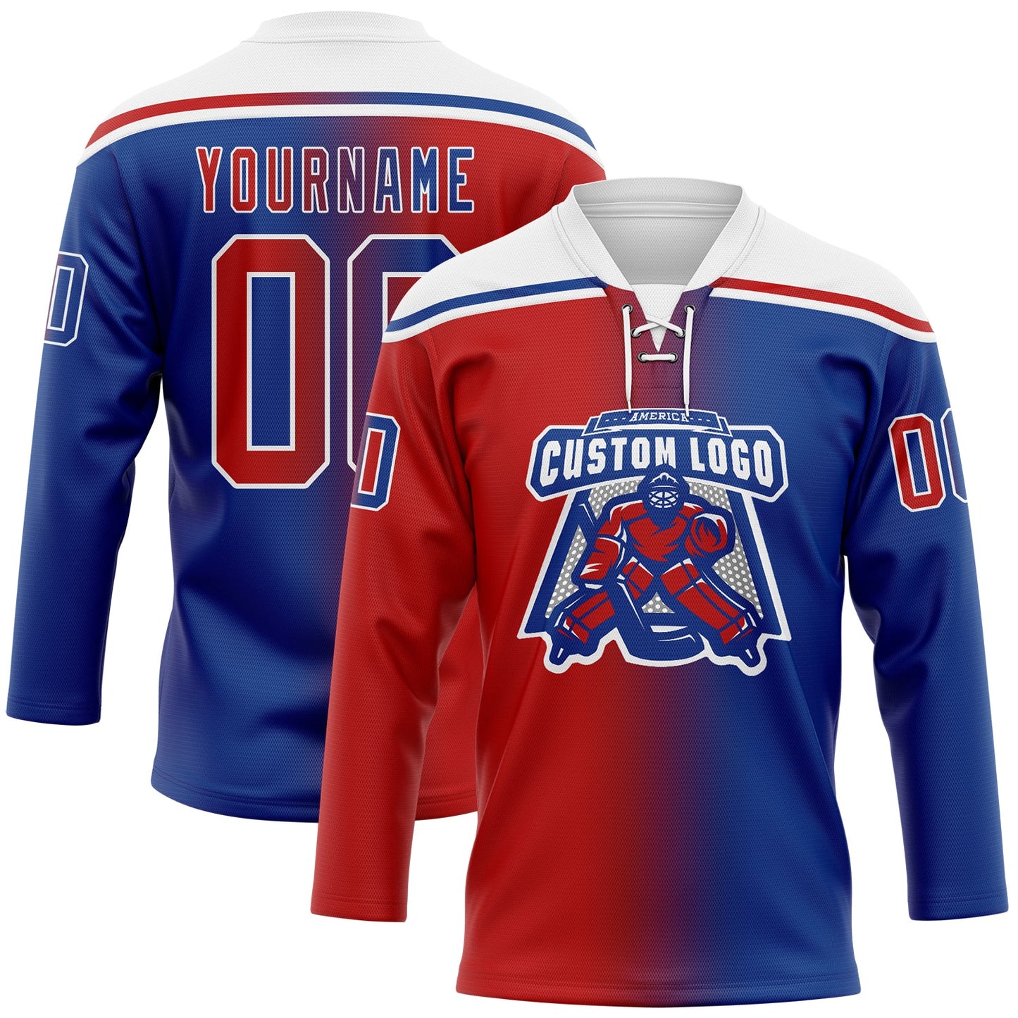 Custom Royal Red-White Gradient Fashion Hockey Lace Neck Jersey view 2