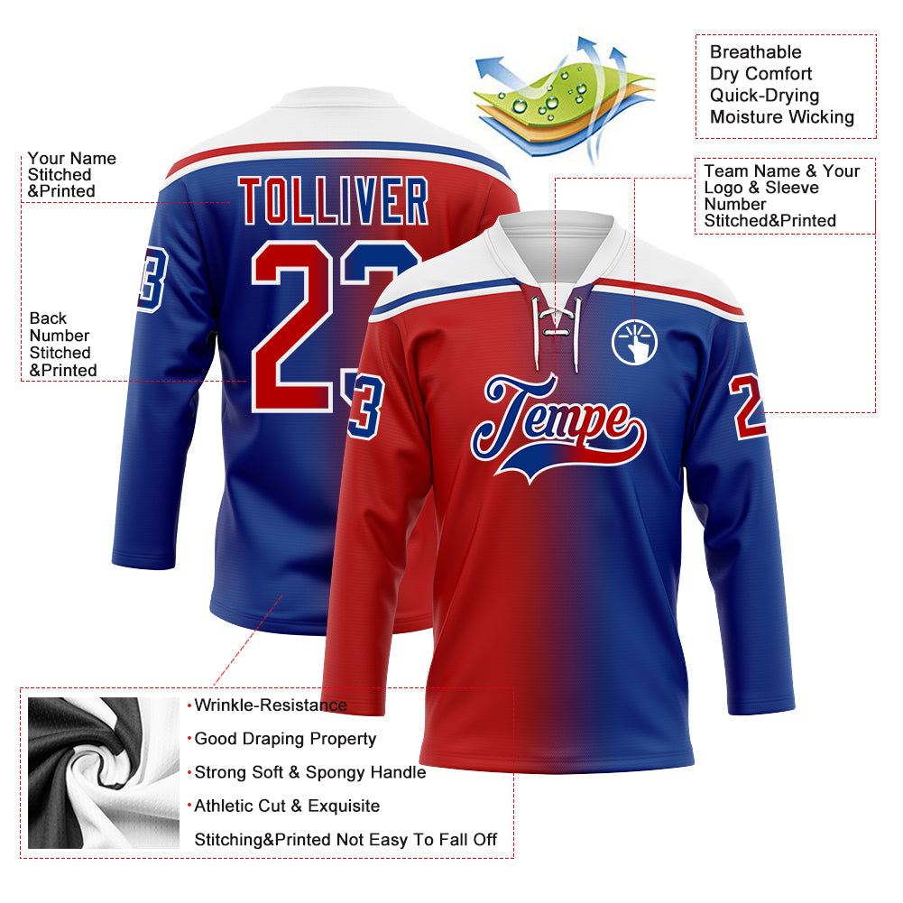Custom Royal Red-White Gradient Fashion Hockey Lace Neck Jersey view 5