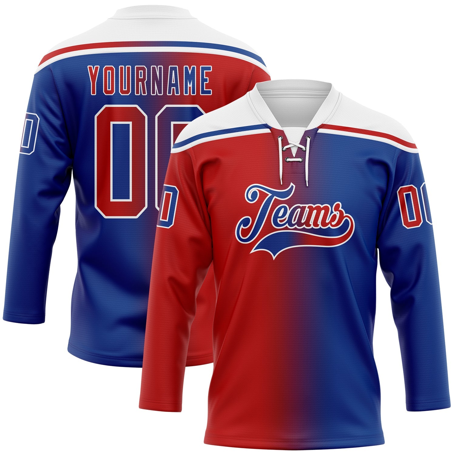 Custom Royal Red-White Gradient Fashion Hockey Lace Neck Jersey - Main View