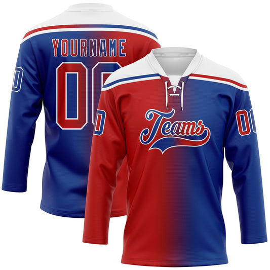 Custom Royal Red-White Gradient Fashion Hockey Lace Neck Jersey - Main View