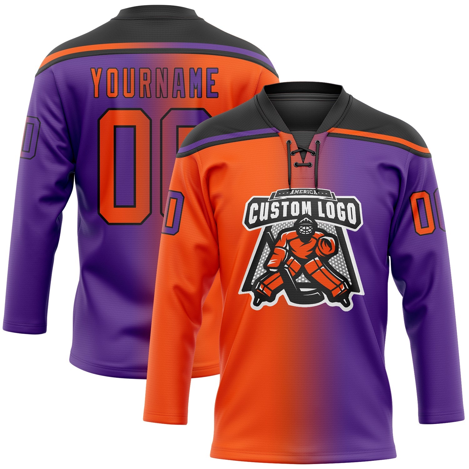 Custom Purple Orange-Black Gradient Fashion Hockey Lace Neck Jersey view 2