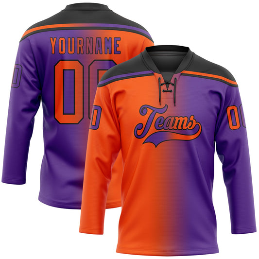 Custom Purple Orange-Black Gradient Fashion Hockey Lace Neck Jersey - Main View