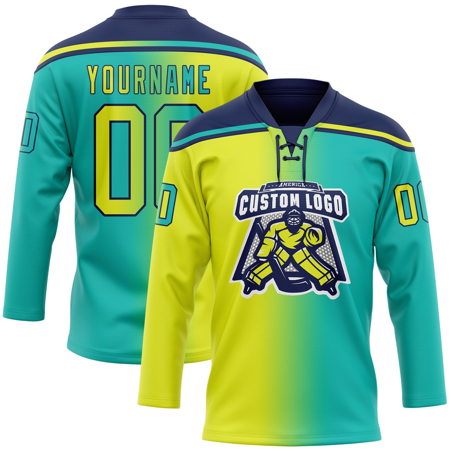 Custom Aqua Neon Yellow-Navy Gradient Fashion Hockey Lace Neck Jersey view 2