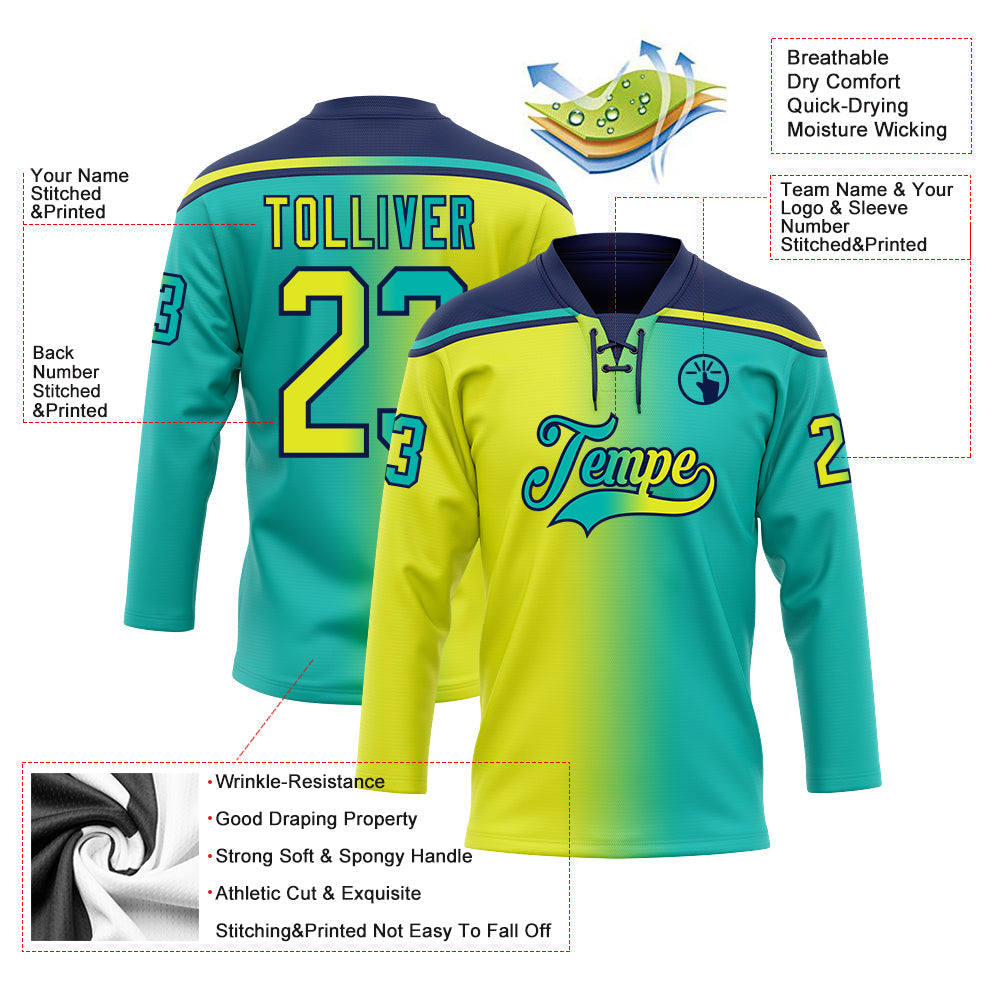 Custom Aqua Neon Yellow-Navy Gradient Fashion Hockey Lace Neck Jersey view 5