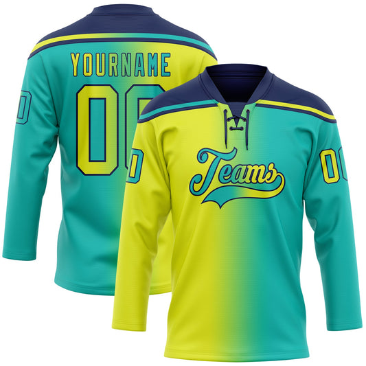 Custom Aqua Neon Yellow-Navy Gradient Fashion Hockey Lace Neck Jersey - Main View