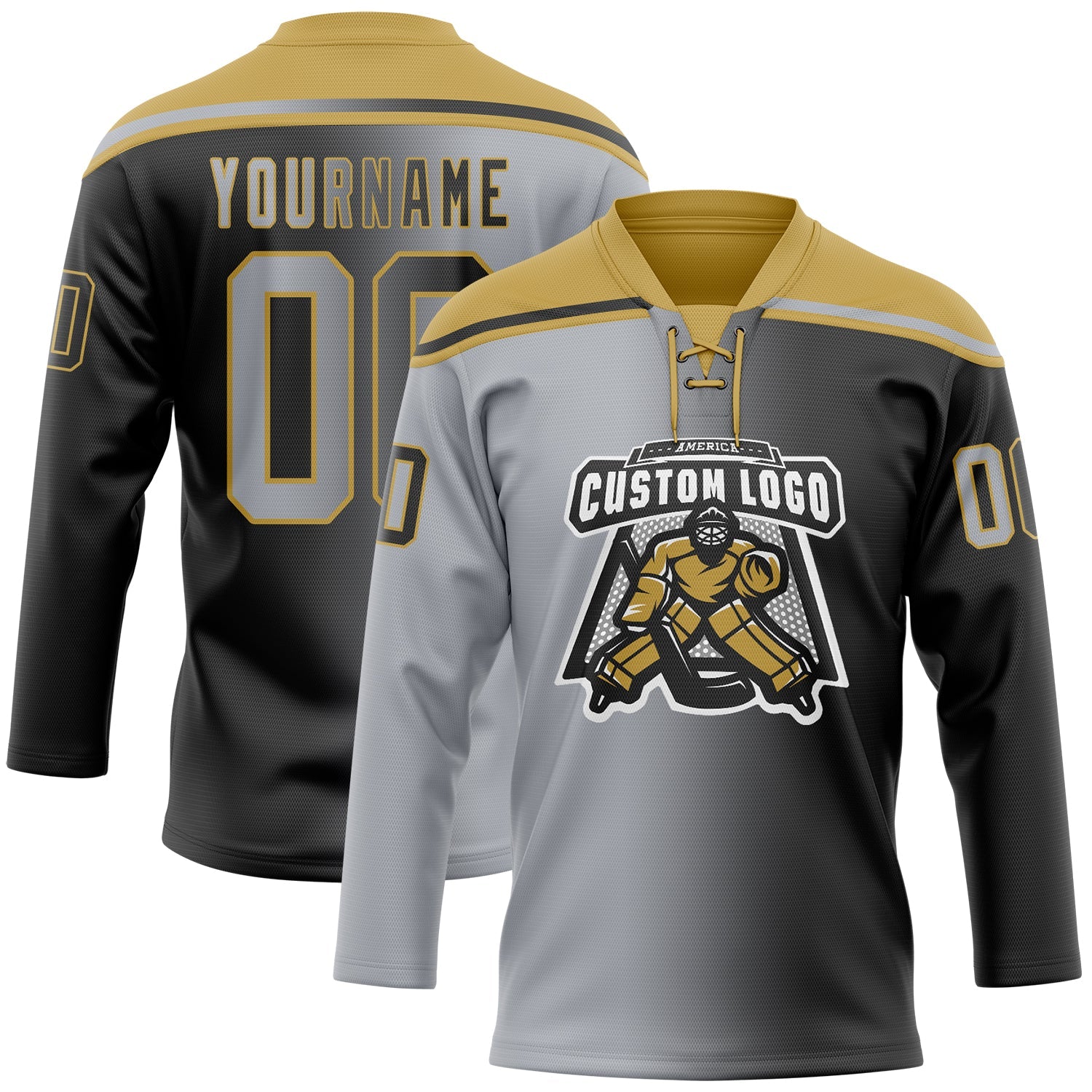 Custom Black Gray-Old Gold Gradient Fashion Hockey Lace Neck Jersey view 2