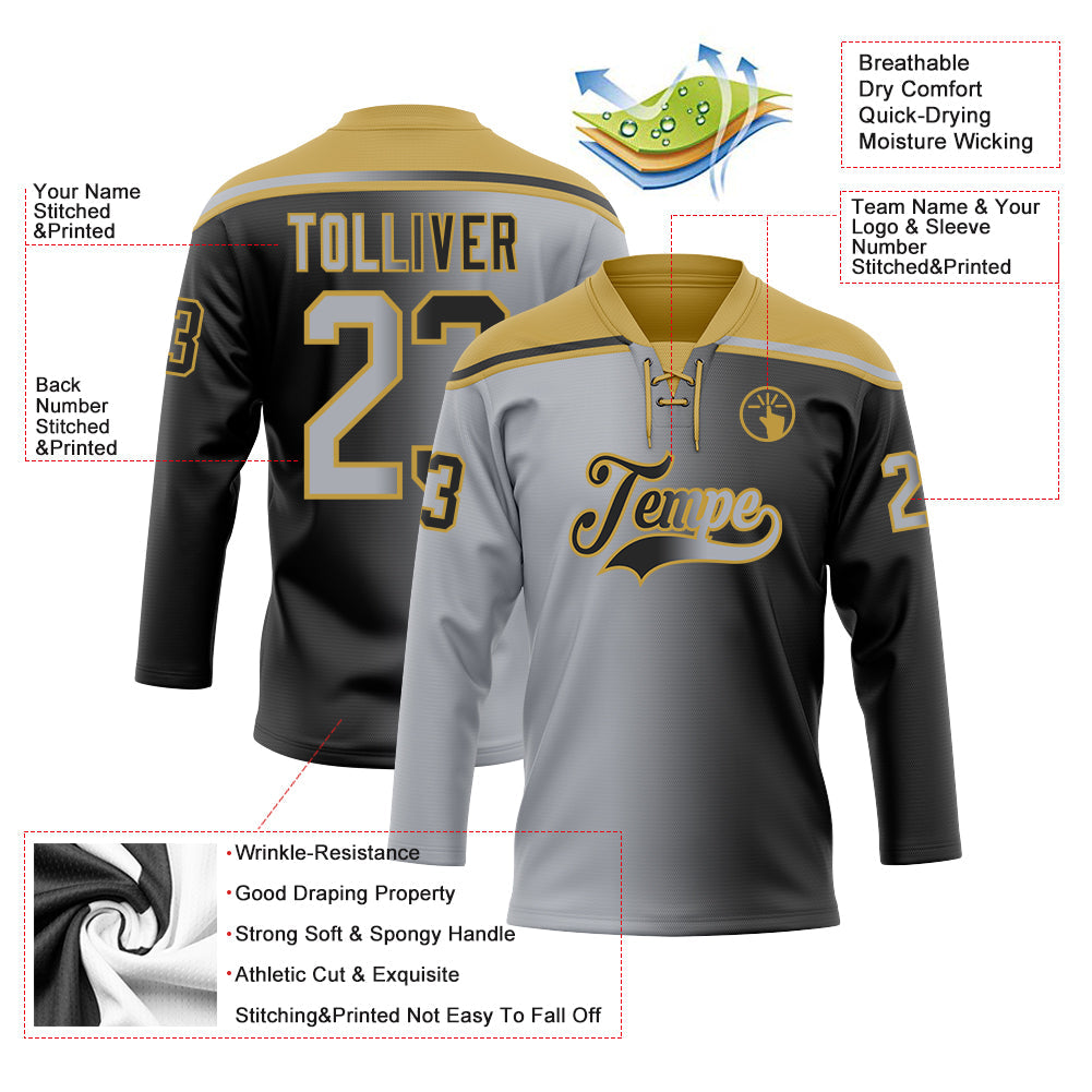 Custom Black Gray-Old Gold Gradient Fashion Hockey Lace Neck Jersey view 5