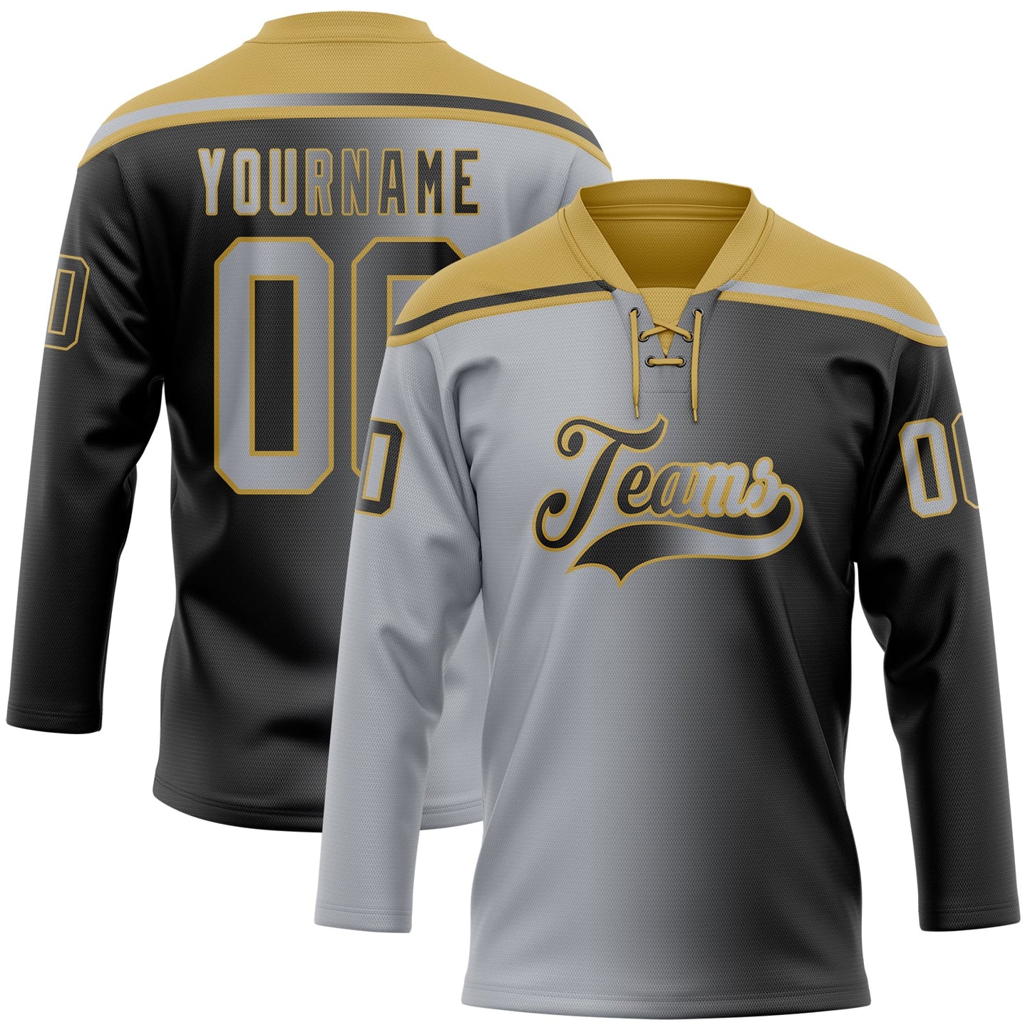 Custom Black Gray-Old Gold Gradient Fashion Hockey Lace Neck Jersey - Main View