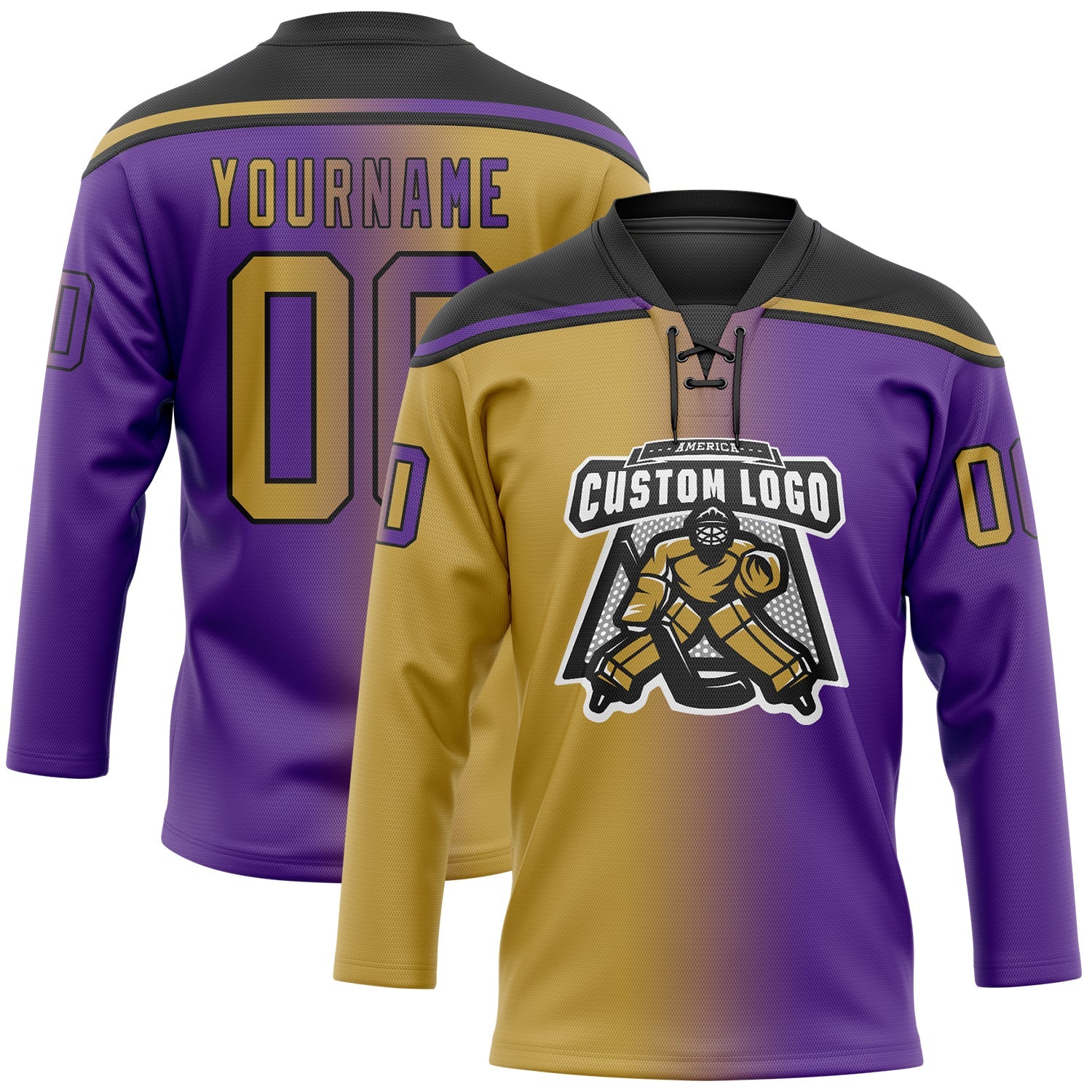 Custom Purple Old Gold-Black Gradient Fashion Hockey Lace Neck Jersey view 2
